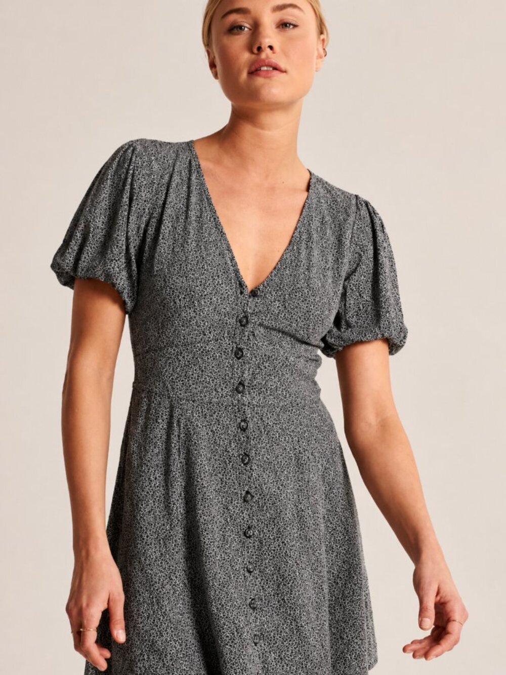 NWT Abercrombie & Fitch V-Neck Puff Sleeve Button-Front Mini Dress | Size XS